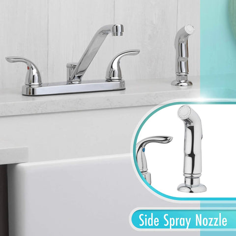 Two Handle Kitchen Faucet With Side Spray In Polished Chrome, Modern High Arc Sink Faucet, shown with side spray nozzle
