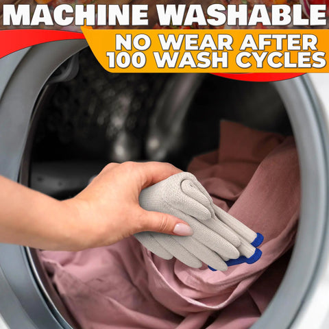Aramid Heat Resistant Cooking Gloves for indoor and outdoor use, shown machine washable, handling laundry in a washing machine.