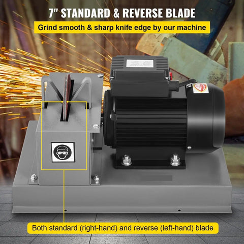Rock Solid 500W Bench Grinder With 7 Inch Wheel For Sharpening Lawnmower Blades Knives And Scissors showing standard and reverse blade feature.