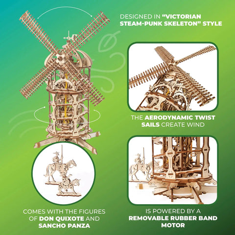 Tower Windmill 3D Puzzle Kit For Adults With Moving Parts Wooden Mechanical Model Building Victorian style close-up.