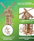 Eco Friendly 585-Piece 3D Windmill Puzzle Kit With Moving Parts, wooden model windmill with Don Quixote figures