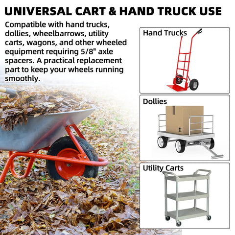 Tough As Nails Nylon Wheel Hub Spacers Kit Featuring 5 8 Inch Bore And Corrosion Resistant Extension Sleeves For Hand Trucks Dollies Utility Carts No Fuss Setup Sure Footed Roll in use with hand trucks, dollies, and utility carts.