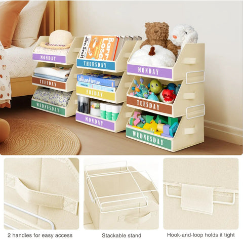 5 Tier Closet Organizer With Weekly Labels And Stackable Bins Metal Frame Shelf Foldable Cube Bins Kid Friendly Home Storage Baskets For Kids And Adults Beige shown installed in bedroom.