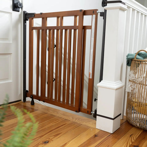 Wood Banister And Stair Safety Gate For Babies And Pets, Adjustable 32 To 48 Inches Wide, 33 Inches Tall, Oak Finish Installed