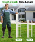 Man holding 48 by 12 inch lawn leveling rake with adjustable 78 inch handle and a smaller version, in front of a house.