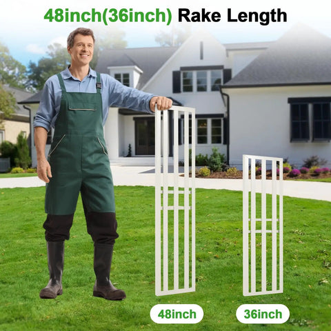 Man holding 48 by 12 inch lawn leveling rake with adjustable 78 inch handle and a smaller version, in front of a house.