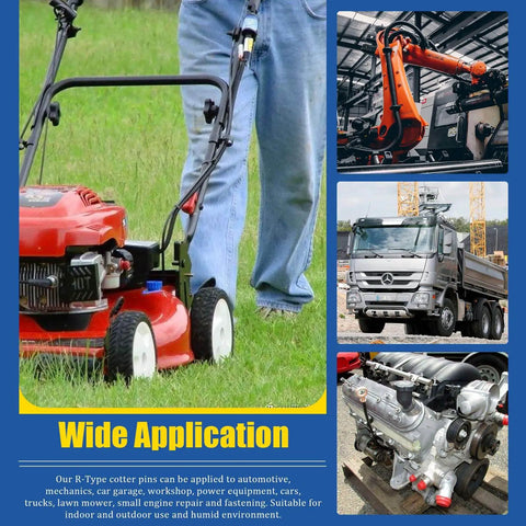 Man using lawn mower with R Clip Cotter Pin Kit 110 Pcs In 304 Stainless Steel With 7 Sizes For automotive cars, trucks, engines.