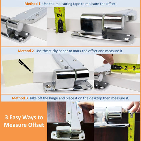 Tough As Nails Reversible Cam Rise Hinge Chrome Finish For Freezer Cooler And Refrigerator Doors Featuring Self Lubricating Nylon Cam shown measuring offset.