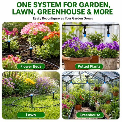 230 Feet Drip Irrigation Kit With Quick Push To Connect No Tool Setup in flower beds, potted plants, lawn, greenhouse