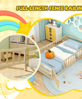 Totally Kid Approved Wooden Floor Bed With Secure Lockable Door And Heavy Duty Guardrails, showcasing full-length fence railings for safety.