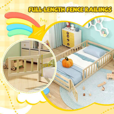 Totally Kid Approved Wooden Floor Bed With Secure Lockable Door And Heavy Duty Guardrails, showcasing full-length fence railings for safety.