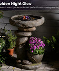 Solar Fountain For Bird Bath And Planter with LED lights, stone look with flowers, night glow, garden patio setting