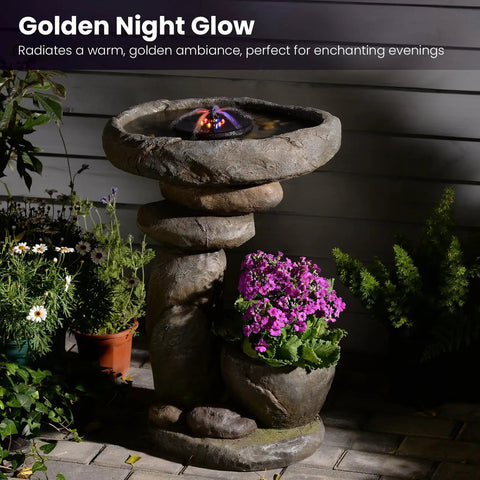 Solar Fountain For Bird Bath And Planter with LED lights, stone look with flowers, night glow, garden patio setting