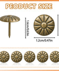 Antique Brass Decorative Upholstery Studs Featuring Classic Daisy Designs For Sofas Headboards And Woodwork Heavy Duty Furniture Nails That Gonna Kick Your Decor Up A Notch For Any Craft Project Or House Upgrade Includes 200 Pieces, showing sizes and design.