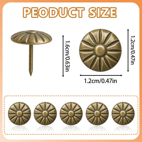 Antique Brass Decorative Upholstery Studs Featuring Classic Daisy Designs For Sofas Headboards And Woodwork Heavy Duty Furniture Nails That Gonna Kick Your Decor Up A Notch For Any Craft Project Or House Upgrade Includes 200 Pieces, showing sizes and design.