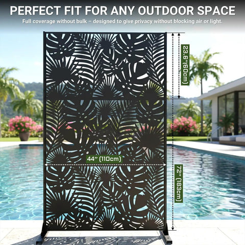 Outdoor Metal Privacy Screen 72 Inch Freestanding Divider Panel With Laser Cut Tropical Leaf Design beside a pool