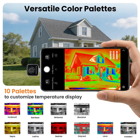Thermal Camera 128x96 IR Imager For Leak Detection On USB C Android Phones Plug In OTG Ready No Battery Or Drivers Needed Ideal For Electricians HVAC Pros DIYers And Homeowners Seeking Quick Heat Signatures, smartphone thermal view of house and palette options