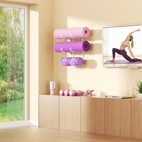 Garage Gym Must Have Space Saving 3-Tier Wall Mount Yoga Mat Rack for mats, foam rollers and gear in home gym.