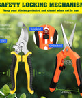 Four Pack Garden Pruning Shears Set With Stainless Steel Blades, Three Blade Types For Flowers, Bonsai And Light Branches; locking mechanism shown on yellow and orange shears.
