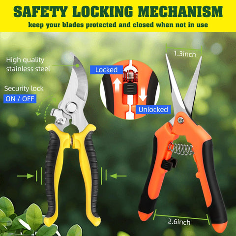 Four Pack Garden Pruning Shears Set With Stainless Steel Blades, Three Blade Types For Flowers, Bonsai And Light Branches; locking mechanism shown on yellow and orange shears.