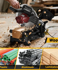 Heavy Duty 10 Inch Compound Miter Saw Boasting A Beefy 15 Amp Motor Cruising At 5000 Rpm For Silky Smooth Cuts On Wood Metal Plastic And Laminates Featuring Single Bevel 0 To 45 Degree Angles Wide Extension Table Plus 36 T Blade cutting through wood with sawdust flying.