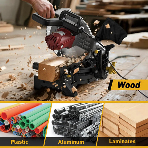 Heavy Duty 10 Inch Compound Miter Saw Boasting A Beefy 15 Amp Motor Cruising At 5000 Rpm For Silky Smooth Cuts On Wood Metal Plastic And Laminates Featuring Single Bevel 0 To 45 Degree Angles Wide Extension Table Plus 36 T Blade cutting through wood with sawdust flying.
