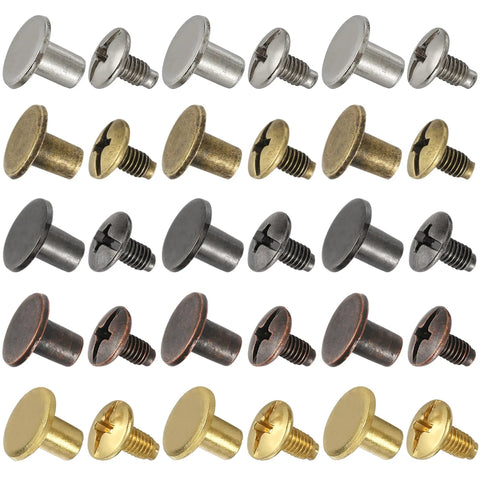 150 Sets Solid Chicago Screws And Leather Rivets In Mixed Colors With Zero Hassle Install Tools Heavy Duty Zinc Alloy Metal Studs, various sizes and finishes.