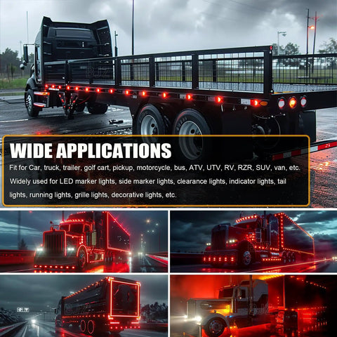 Red 3/4 Inch Trailer LED Marker Lights Kit With 20 Round Lights Chrome Trim Ring Bezels And 2 Pin Wire Harness on truck and trailer