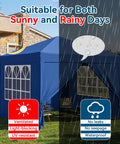 10x10 Auto Pop Up Canopy Tent With Weatherproof Sidewalls Instant Waterproof Sun Shade Gazebo shown in sunny and rainy conditions.