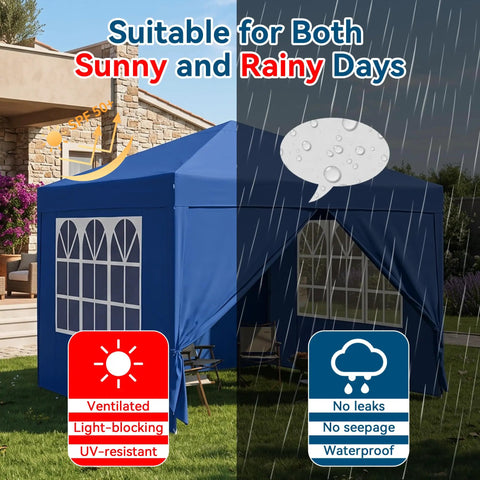 10x10 Auto Pop Up Canopy Tent With Weatherproof Sidewalls Instant Waterproof Sun Shade Gazebo shown in sunny and rainy conditions.