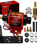 Universal 12 Volt Electric Fuel Pump For Cars And Trucks, red and black design, includes installation kit and brackets.