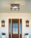 Adjustable Outdoor Motion Sensor Ceiling Light With Ten Inch Flush Mount Sleek Square Modern Industrial Design Two Light Clear Glass For Porch Garage Patio Hallway Entryway installed on porch ceiling