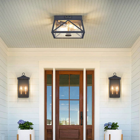 Adjustable Outdoor Motion Sensor Ceiling Light With Ten Inch Flush Mount Sleek Square Modern Industrial Design Two Light Clear Glass For Porch Garage Patio Hallway Entryway installed on porch ceiling