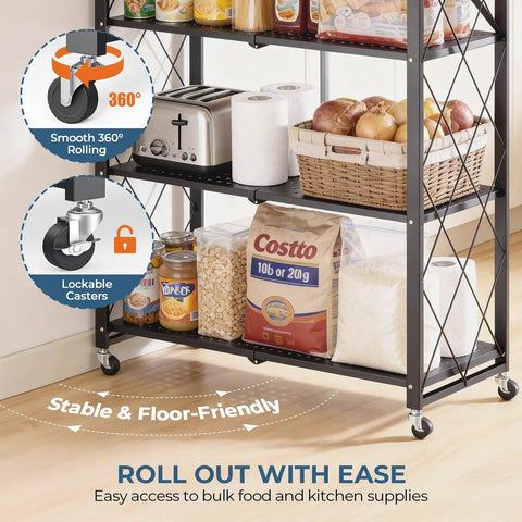 Heavy Duty 5-Tier Rolling Storage Shelves With Wheels, Portable And Collapsible Wire Steel Organizer For Garage, Kitchen, Pantry And Closet, Matte Black, Quick 5-Second Setup, Durable Display Unit For Instant Organization, with lockable casters