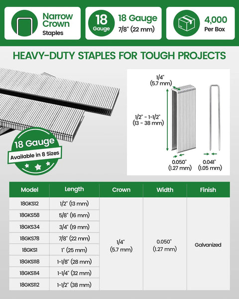 Kickass 18 Gauge 7/8 Inch Narrow Crown Staples in bulk pack showing dimensions and galvanized finish for upholstery and woodwork.