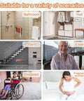 Fold Down Teak Shower Seat Wall Mount With Legs shown in multiple uses including bathroom, hall, stairs, and for elders, disabled, pregnant.