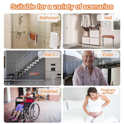Fold Down Teak Shower Seat Wall Mount With Legs shown in multiple uses including bathroom, hall, stairs, and for elders, disabled, pregnant.