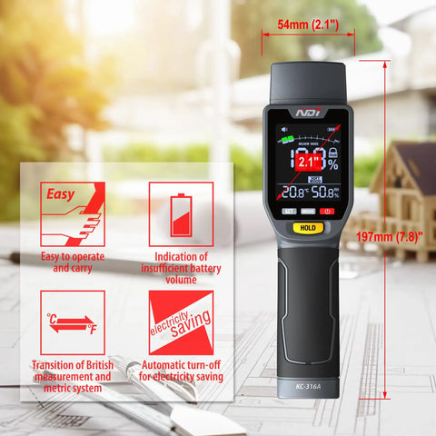 Six In One Pinless Moisture Meter For Drywall And More, Noninvasive Humidity Sensor With Gypsum Cement Board Cork Hardwood Mildew Index, Surface Safe, No Pinholes Or Scratches, Fast Accurate Readouts. 197mm handheld meter with screen