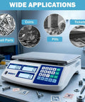 Counting Scale for Inventory and Small Parts with 30kg Capacity and 0.1g Precision, digital display, shown with coins and small parts.