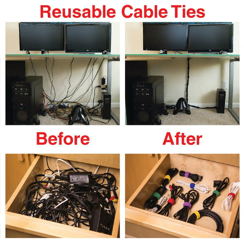 Must Have Weighted Desktop Cable Organizer That Keeps Cords Tidy All Day Heavy Duty Cord Holder Eco Friendly Silicone No Odor Includes Four Reusable Cable Ties Black shown in use before and after with organized cables.