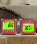 Straight Up Digital Angle Finder With Heavy Duty Magnetic V Groove Base And Bright Backlight showing clear digital readouts for precise woodworking.