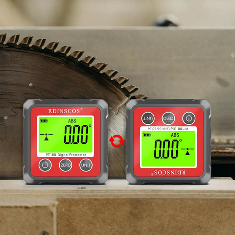 Straight Up Digital Angle Finder With Heavy Duty Magnetic V Groove Base And Bright Backlight showing clear digital readouts for precise woodworking.