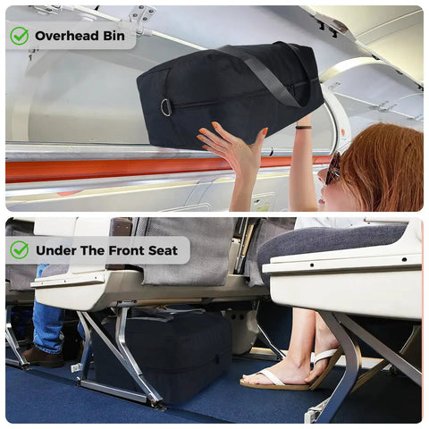 Underseat Travel Duffel Bag 18x14x8 Inches, 30L Personal Item in overhead bin and under front seat on airplane