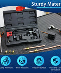 Gearoll brake line flaring tool kit in case with 3/16 and 1/4 SAE dies and copper tubing (front view).