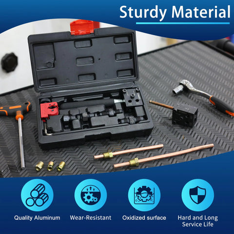 Gearoll brake line flaring tool kit in case with 3/16 and 1/4 SAE dies and copper tubing (front view).