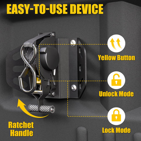 Close-up of Ford F-150 Retractable Ratchet Straps 2 Pack For Secure Hauling, showing ratchet handle and lock modes.