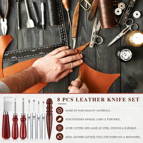 Eight Piece Leather Knife Kit With Edge Bevelers Groovers Cutter Skiving Knife Edge Slicker Burnisher And Sandalwood Tool for smooth edges and precise leathercraft projects with tools and leather.