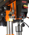 The Real Deal 12 Inch Benchtop Drill Press With Variable Speed 580 To 3200 RPM And Digital Readout showing control panel and chuck.
