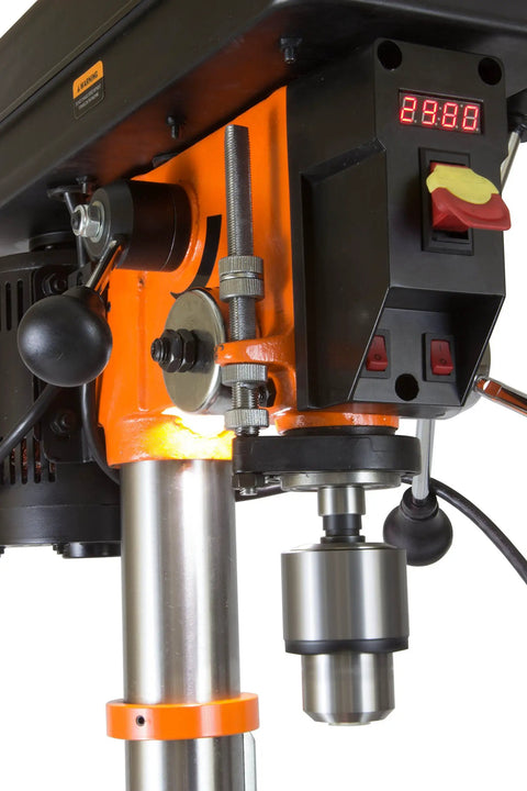 The Real Deal 12 Inch Benchtop Drill Press With Variable Speed 580 To 3200 RPM And Digital Readout showing control panel and chuck.
