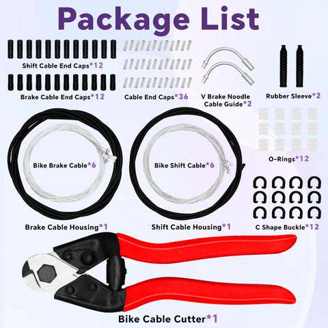 Universal 103Piece Bike Brake Cable Kit With Chromium Vanadium Steel Cable Cutter And Shifter Cables, package components displayed.